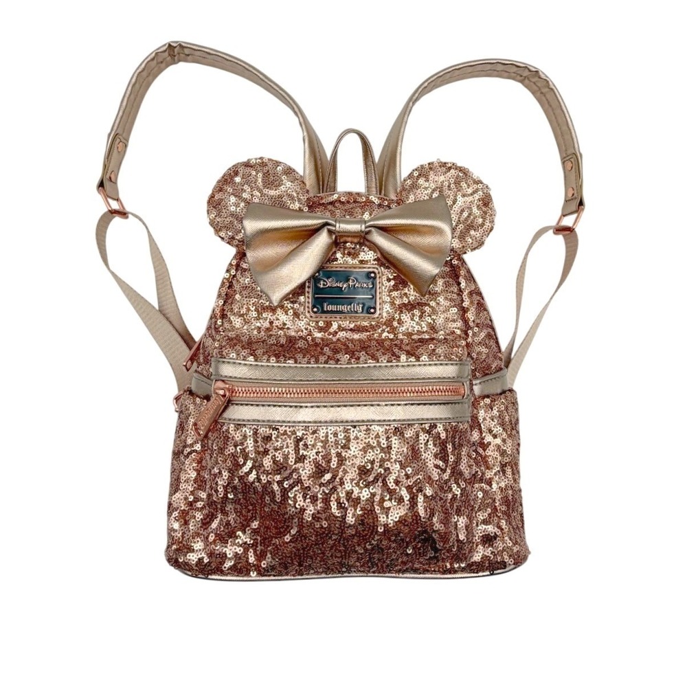 Disney Parks Loungefly Minnie Mouse Rose Gold Sequin Ears Bow Mini Backpack Glam